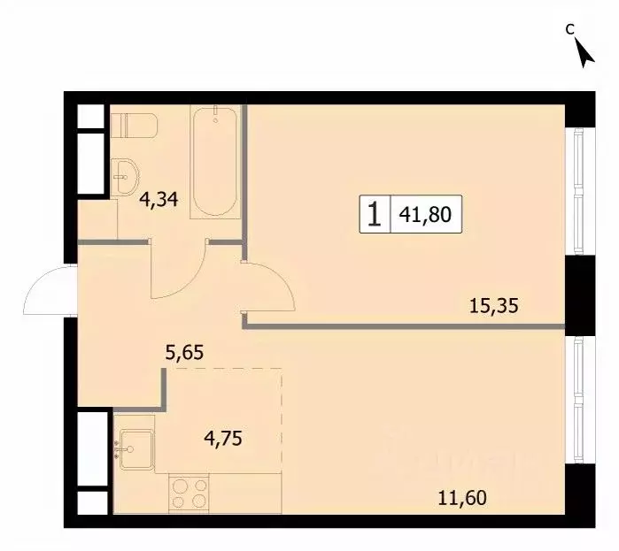 1-к кв. Москва 3-я Гражданская ул., 21 (41.8 м) - Фото 0