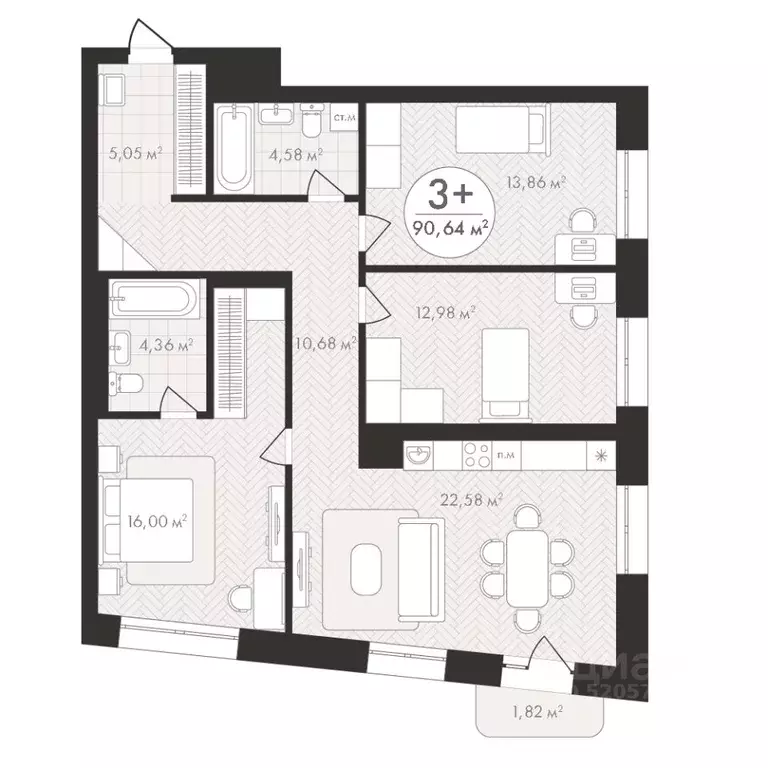 3-к кв. Башкортостан, Уфа Южный-2 мкр,  (90.64 м) - Фото 1