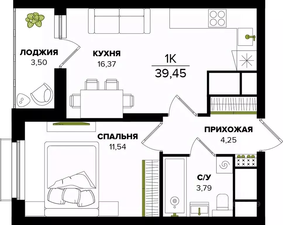 1-к кв. Тульская область, Тула  (39.45 м) - Фото 1