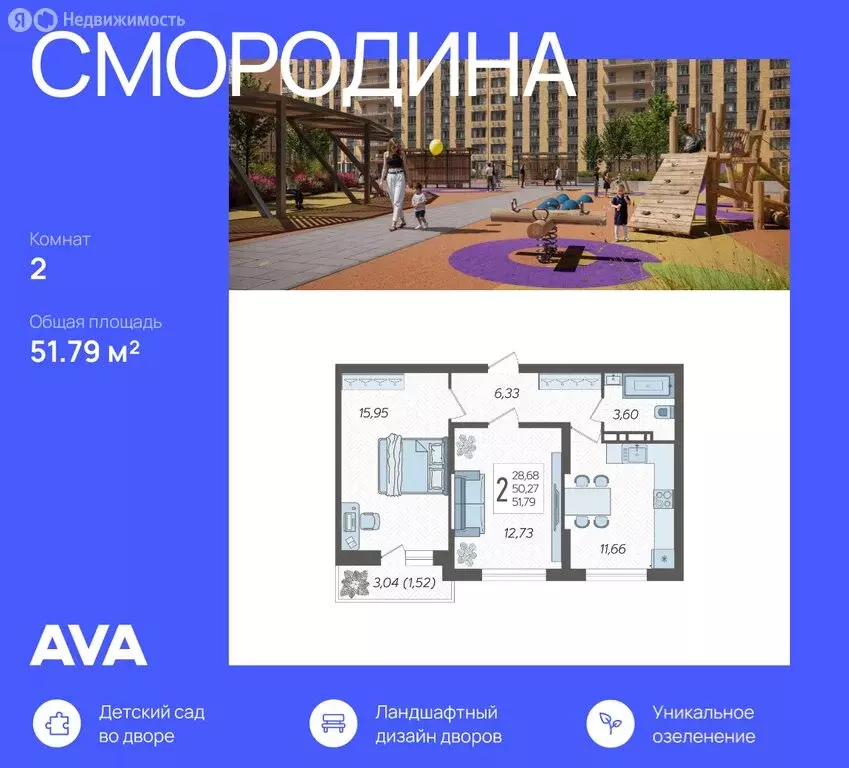 2-комнатная квартира: Краснодар, жилой комплекс Смородина (51.79 м) - Фото 0