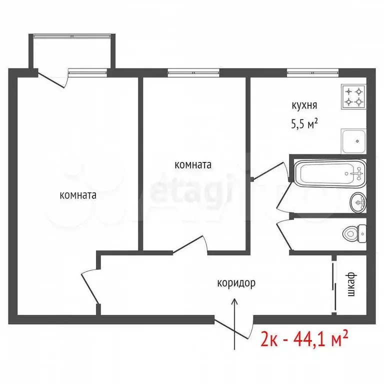 2-к. квартира, 44,1 м, 2/5 эт. - Фото 1