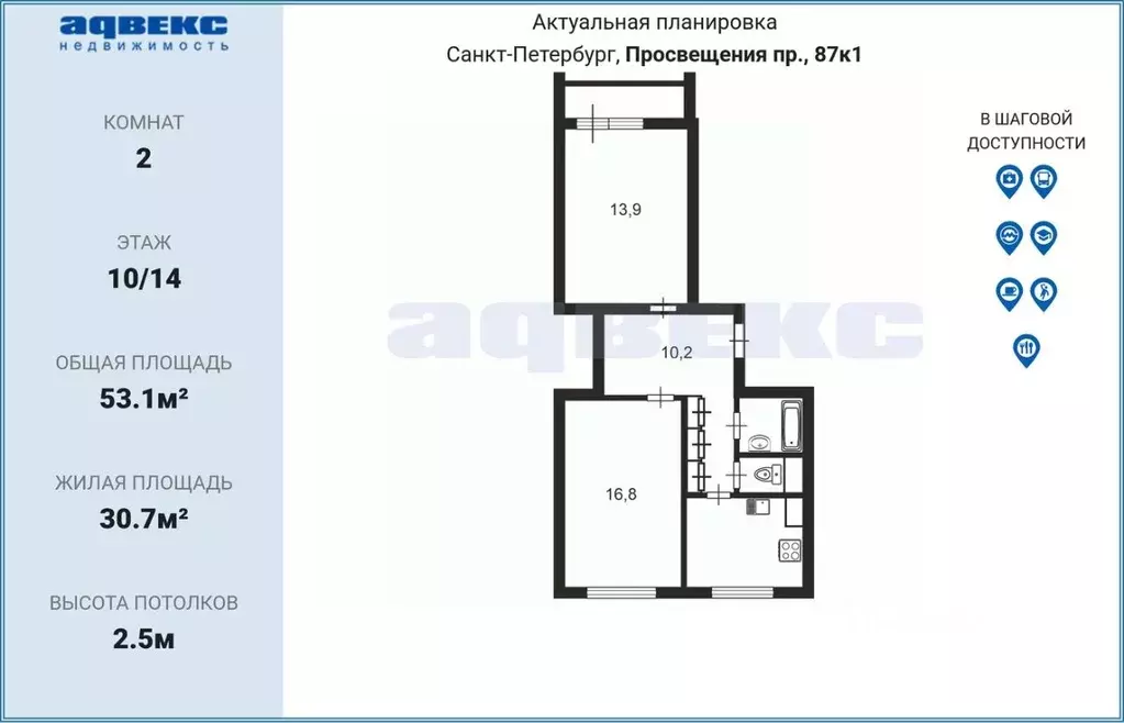 2-к кв. Санкт-Петербург просп. Просвещения, 87К1 (53.1 м) - Фото 1