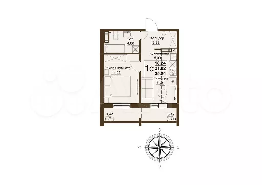 1-к. квартира, 35,2 м, 6/9 эт. - Фото 1