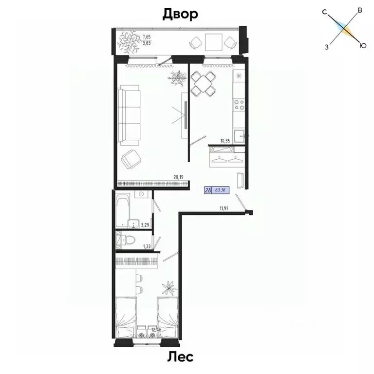 2-к кв. Томская область, Томск тракт Иркутский, 185Б (63.36 м) - Фото 0