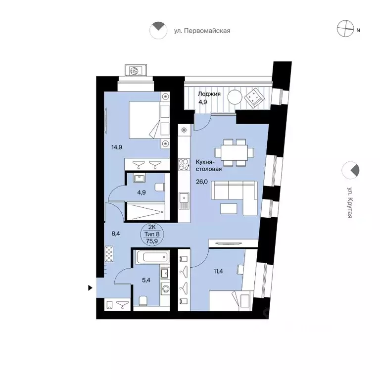 2-к кв. Коми, Сыктывкар Крутая ул., 2 (75.9 м) - Фото 0