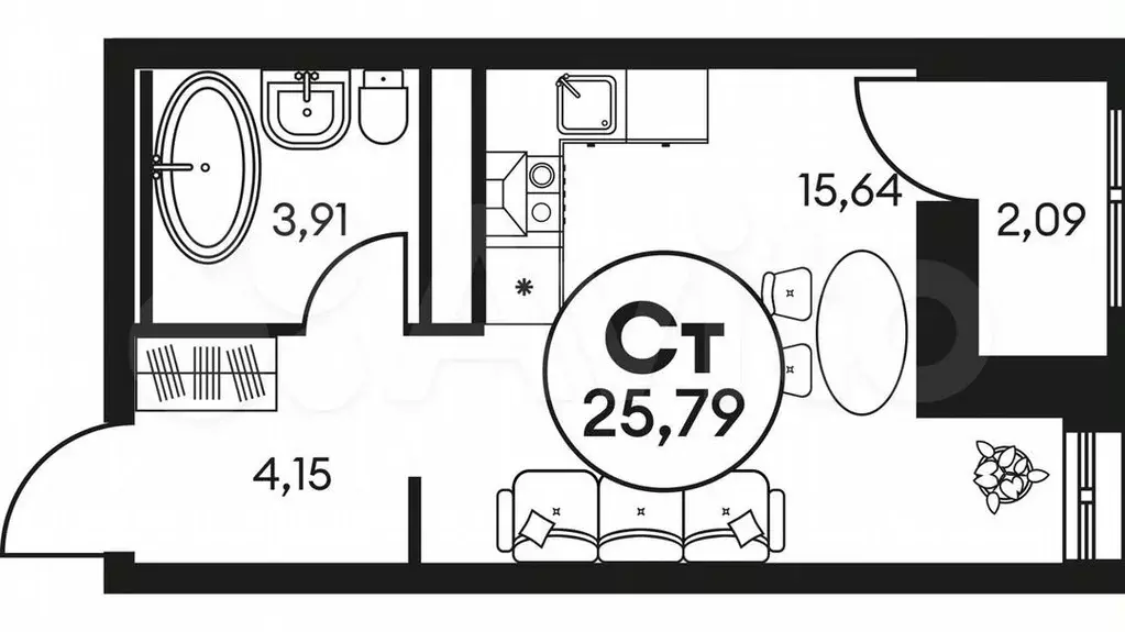 Квартира-студия, 25,8м, 9/25эт. - Фото 0