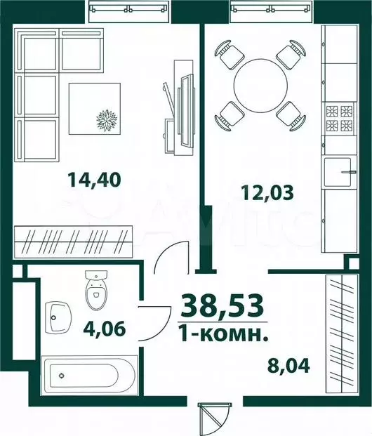 1-к. квартира, 38,5м, 21/24эт. - Фото 0