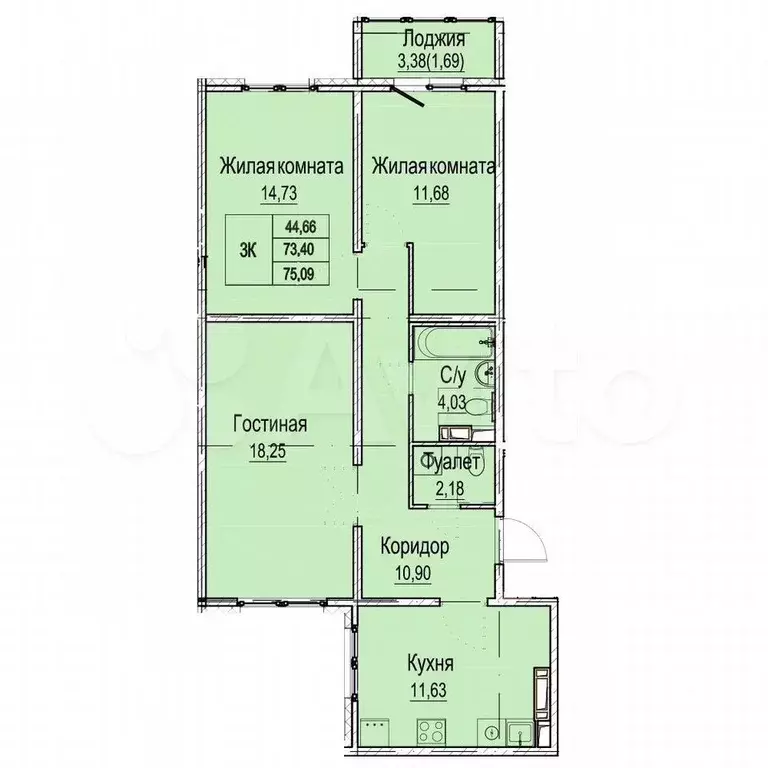 3-к. квартира, 76,8 м, 8/9 эт. - Фото 0