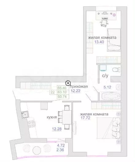 2-к. квартира, 63,6 м, 6/9 эт. - Фото 1