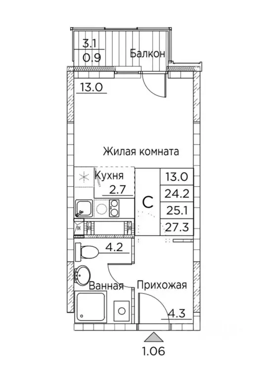 Студия Приморский край, Владивосток ул. Расула Гамзатова, 7к2 (27.3 м) - Фото 0