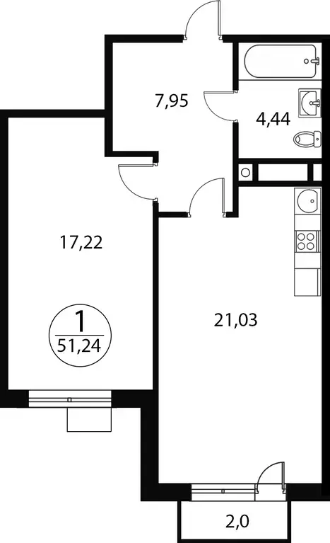 1-к квартира, 51.24 м - Фото 0