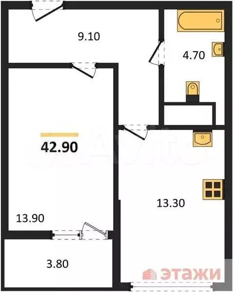 1-к. квартира, 42,9 м, 3/4 эт. - Фото 0