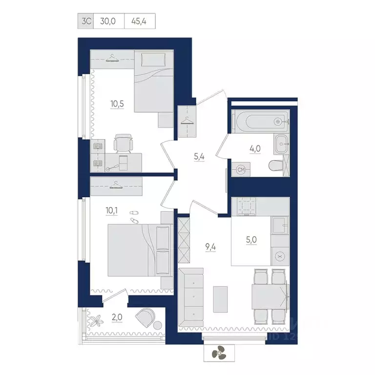 3-к кв. Башкортостан, Уфа ул. Евгения Столярова, 13 (45.4 м) - Фото 1