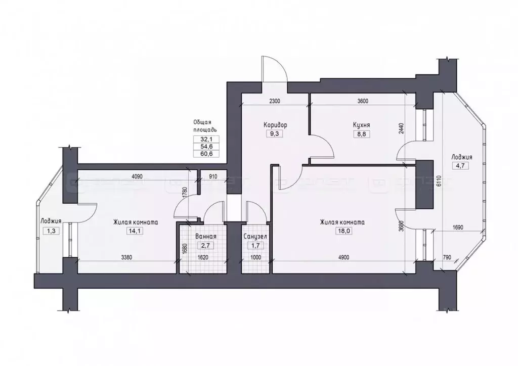 2-к кв. Татарстан, Казань ул. Зур Урам, 1К (60.0 м) - Фото 2