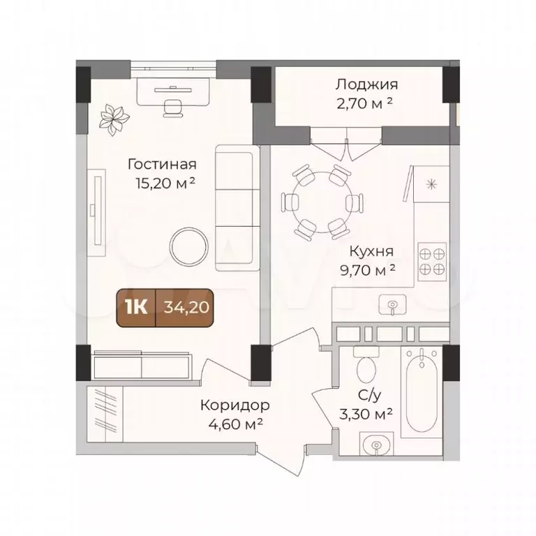 1-к. квартира, 34,2 м, 8/9 эт. - Фото 0