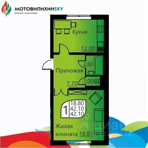1-к кв. Пермский край, Пермь ул. Гашкова, 51 (41.5 м) - Фото 0