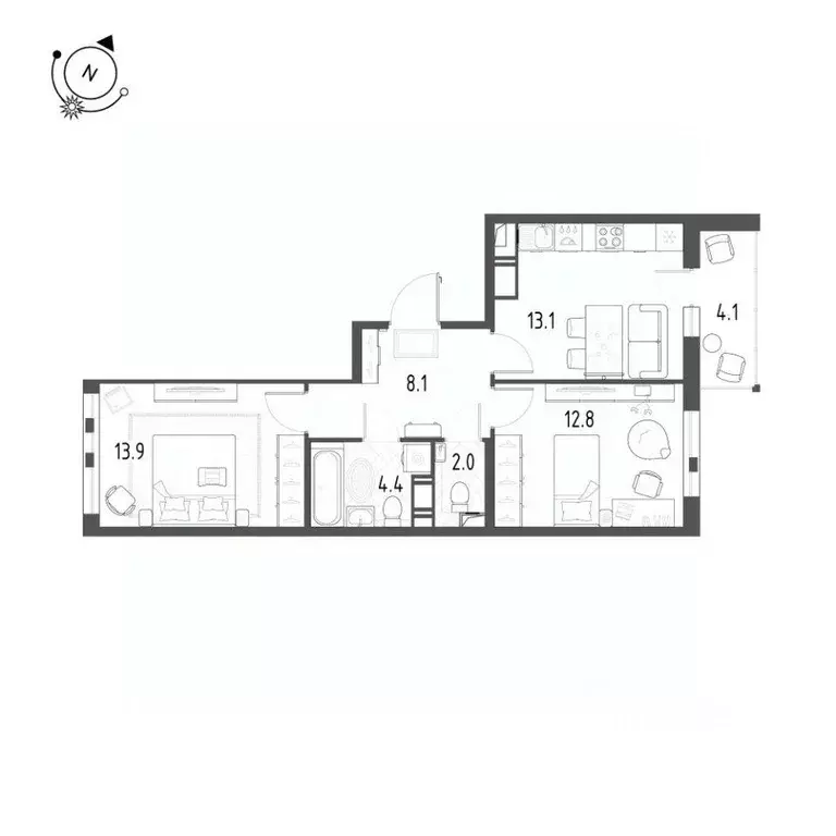 Квартира, 2 комнаты, 56.4 м - Фото 1