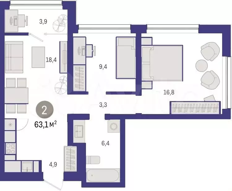 2-к. квартира, 63,1 м, 3/8 эт. - Фото 1