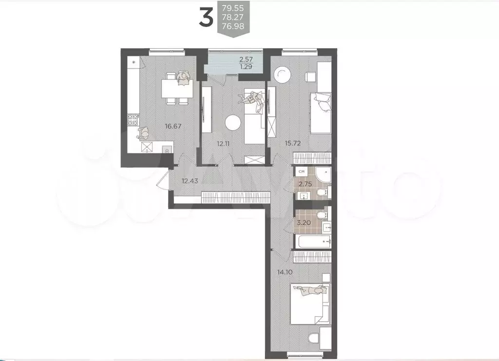 3-к. квартира, 78,3 м, 6/9 эт. - Фото 1