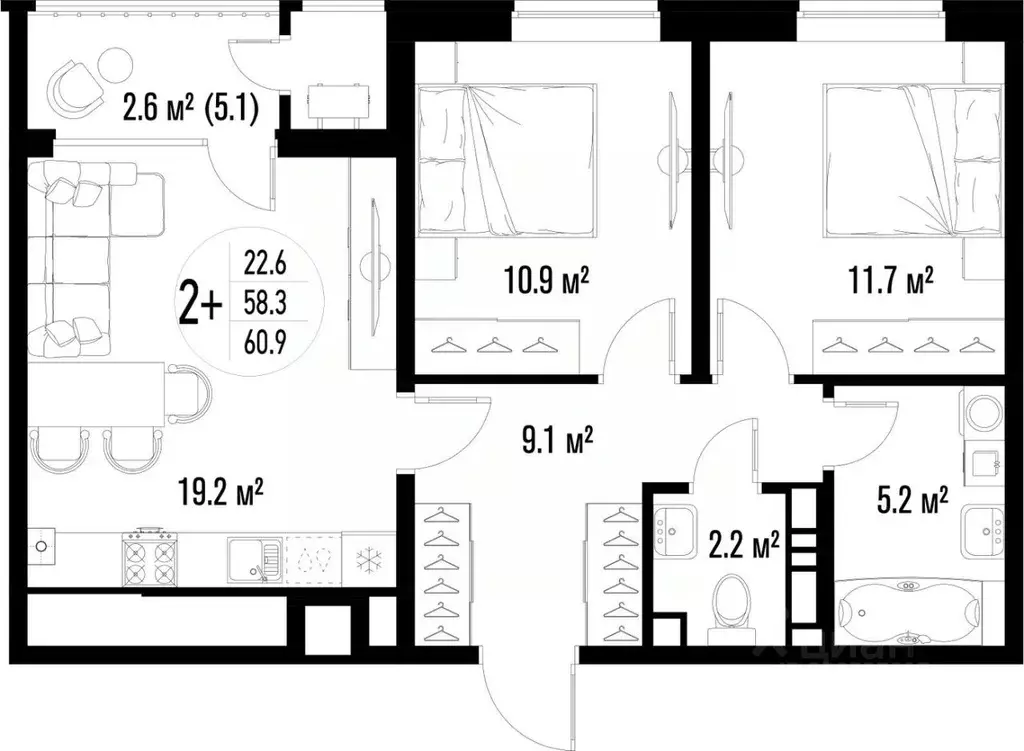 2-к кв. Астраханская область, Астрахань Центральный жилой комплекс ... - Фото 2