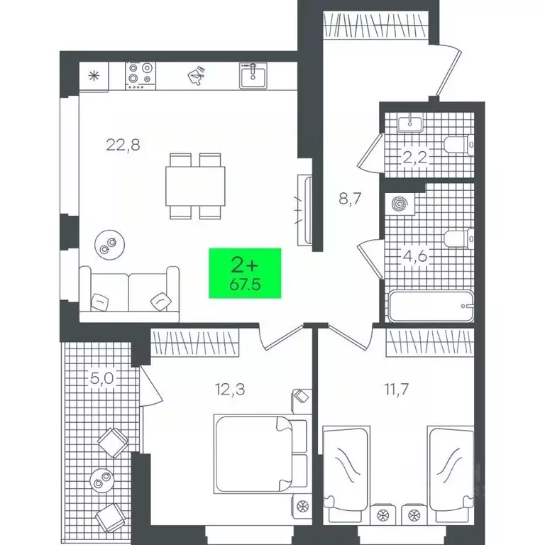 2-к кв. Тюменская область, Тюмень ул. Василия Малкова, 19 (67.56 м) - Фото 0