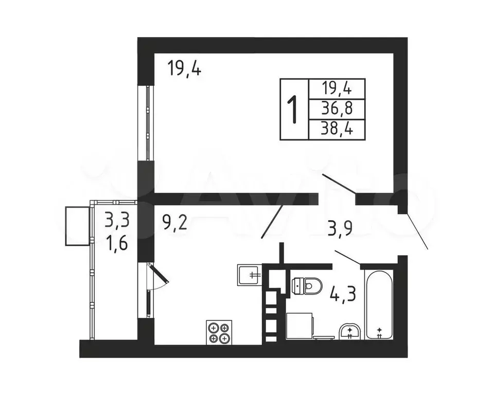 1-к. квартира, 38,4 м, 9/9 эт. - Фото 0