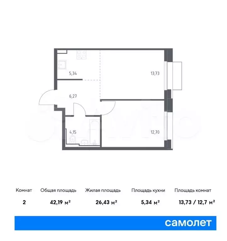 1-к. квартира, 42,2м, 19/21эт. - Фото 0