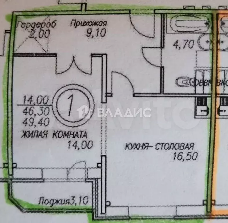 1-к. квартира, 49,4 м, 9/9 эт. - Фото 0