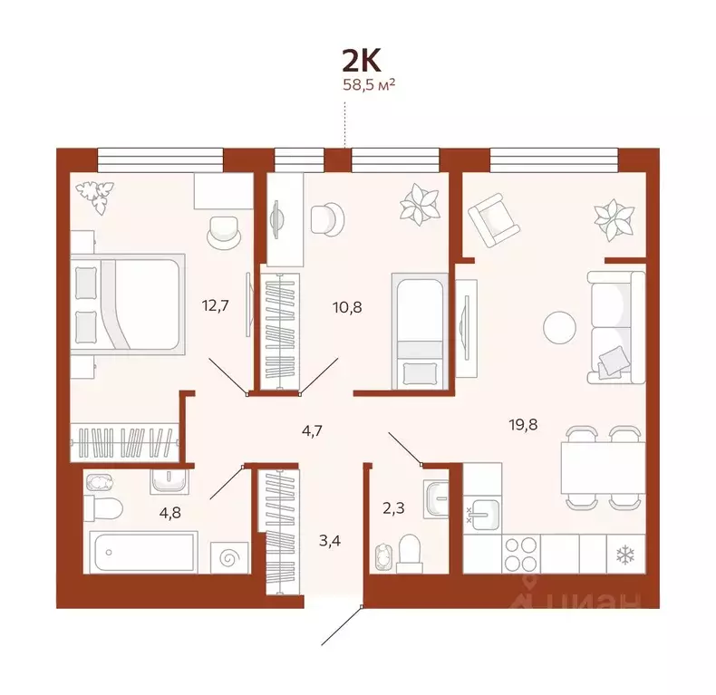 2-к кв. Тюменская область, Тюмень  (58.49 м) - Фото 0