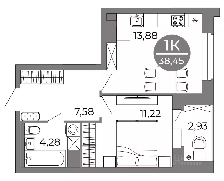 1-к кв. Воронежская область, Воронеж Галилей жилой комплекс (38.45 м) - Фото 1