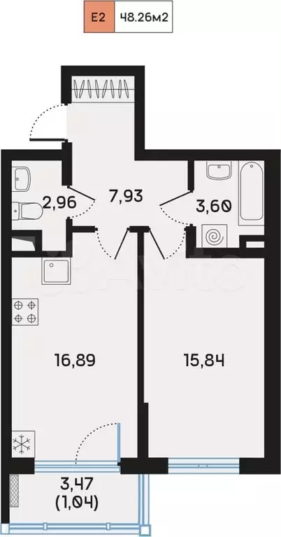 1-к. квартира, 48,2 м, 4/9 эт. - Фото 0