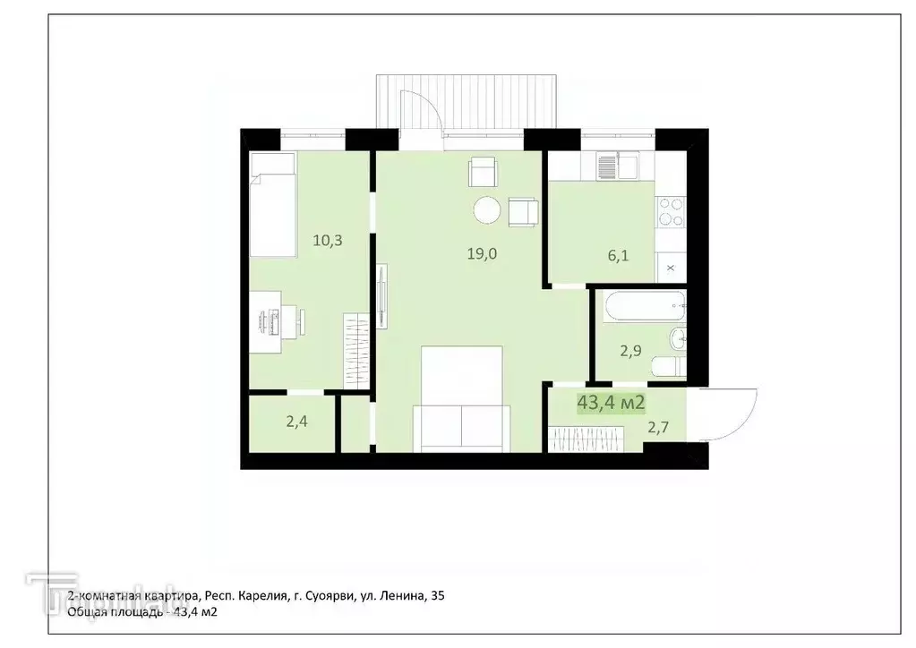 2-к кв. Карелия, Суоярви ул. Ленина, 35 (43.4 м) - Фото 1