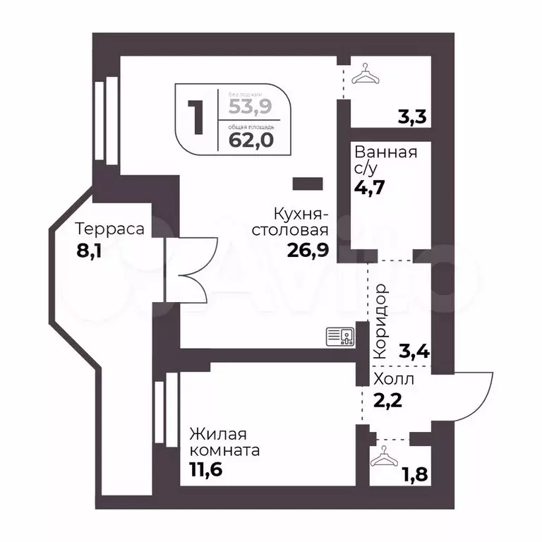 1-к. квартира, 53,9 м, 8/9 эт. - Фото 0