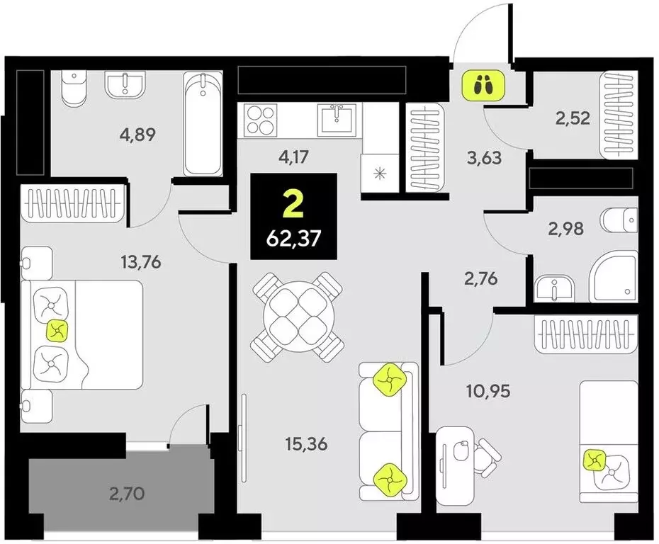 2-комнатная квартира: Тюмень, улица Андрея Приказнова, 1 (62.37 м) - Фото 0