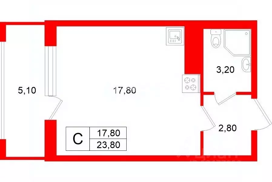 Студия Санкт-Петербург Дальневосточный просп., 23 (23.8 м) - Фото 1