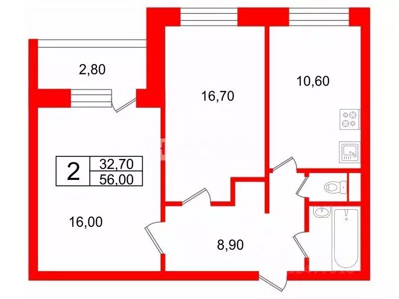 2-к кв. Санкт-Петербург просп. Испытателей, 24К1 (56.0 м) - Фото 2