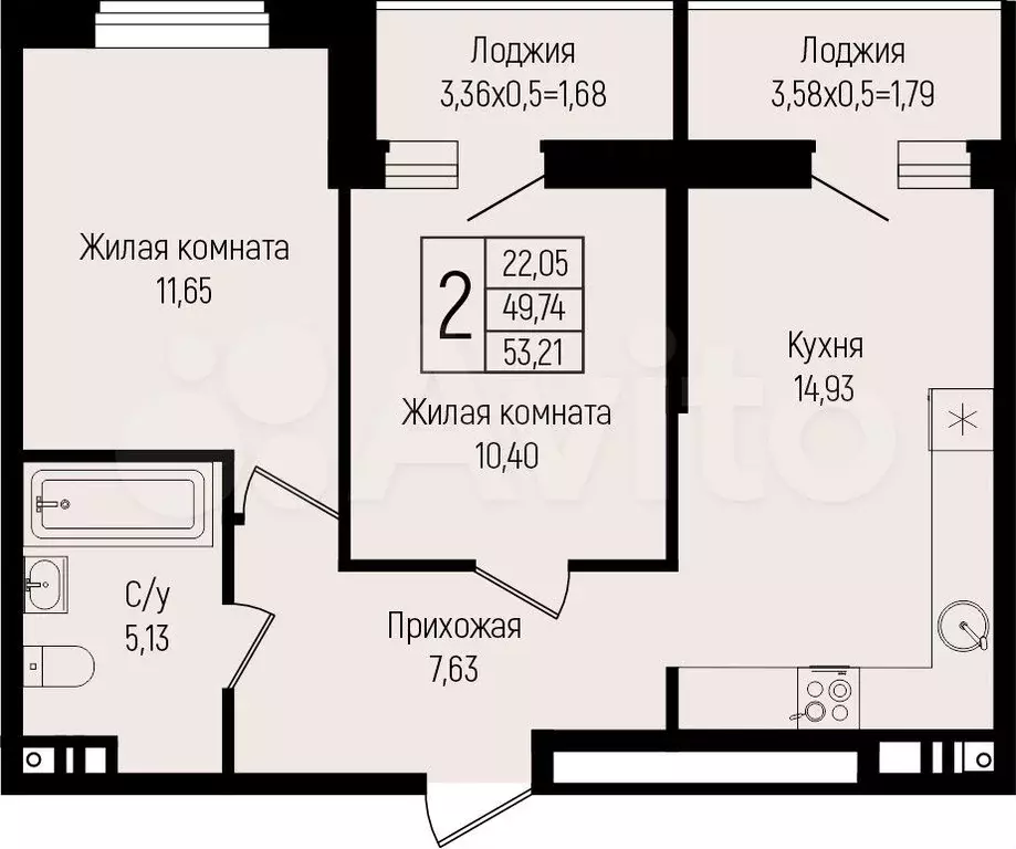 2-к. квартира, 53,2 м, 7/15 эт. - Фото 0
