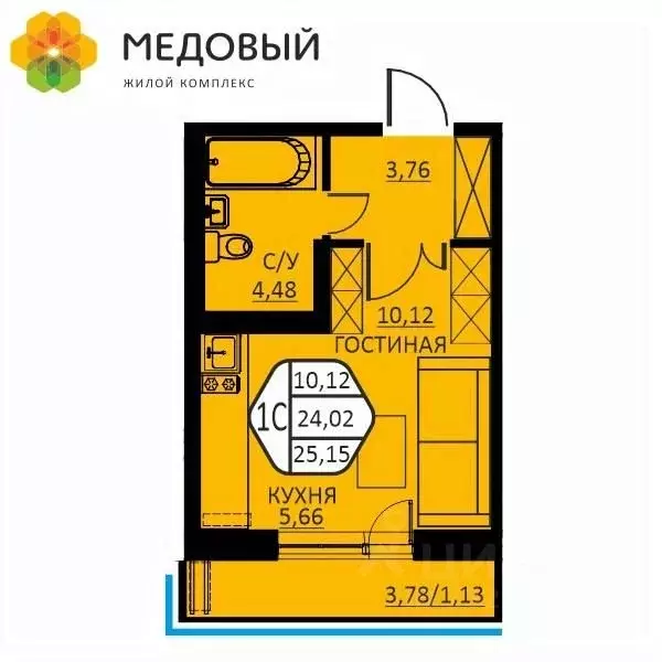 1-к кв. Пермский край, д. Кондратово ул. Н.М. Яблокова, 4 (25.15 м) - Фото 1