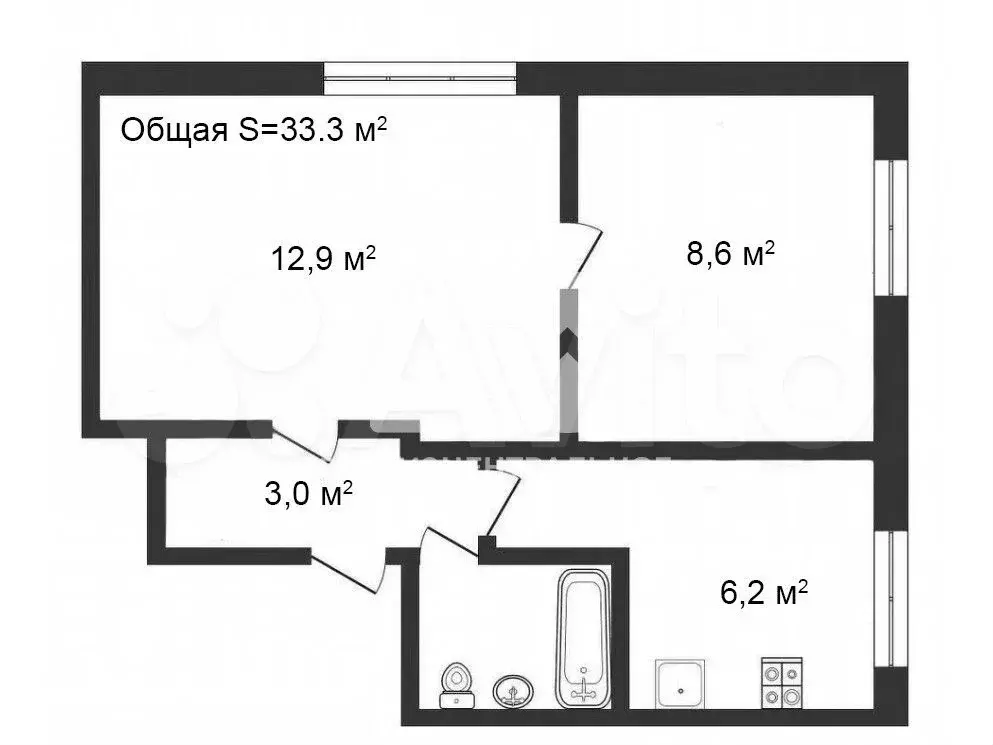 2-к. квартира, 33,3 м, 2/9 эт. - Фото 0