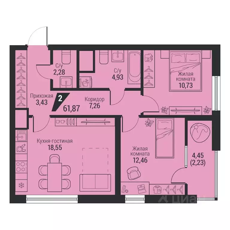 2-к кв. Свердловская область, Екатеринбург просп. Космонавтов, 100 ... - Фото 1