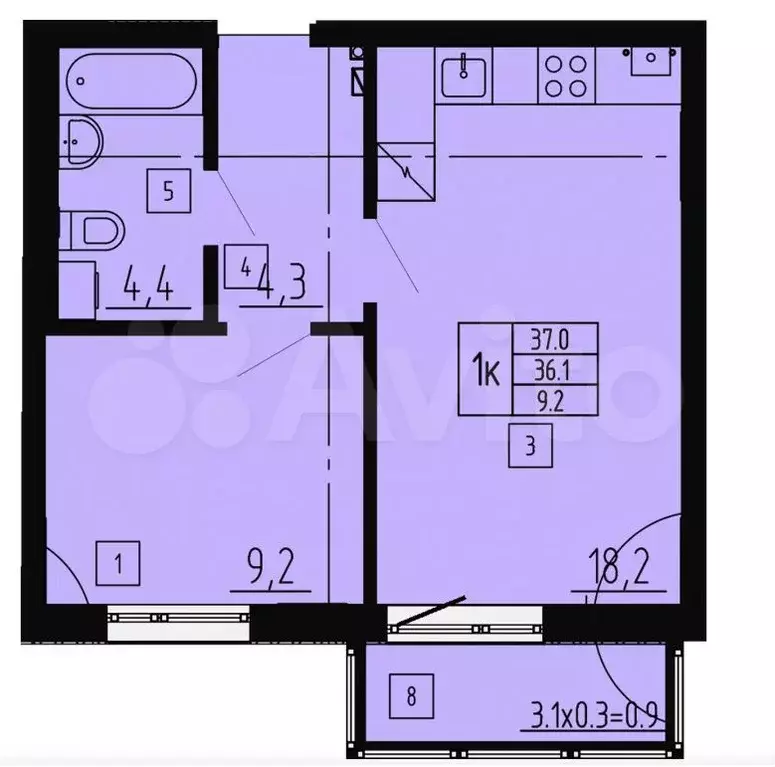 1-к. квартира, 37 м, 6/9 эт. - Фото 1