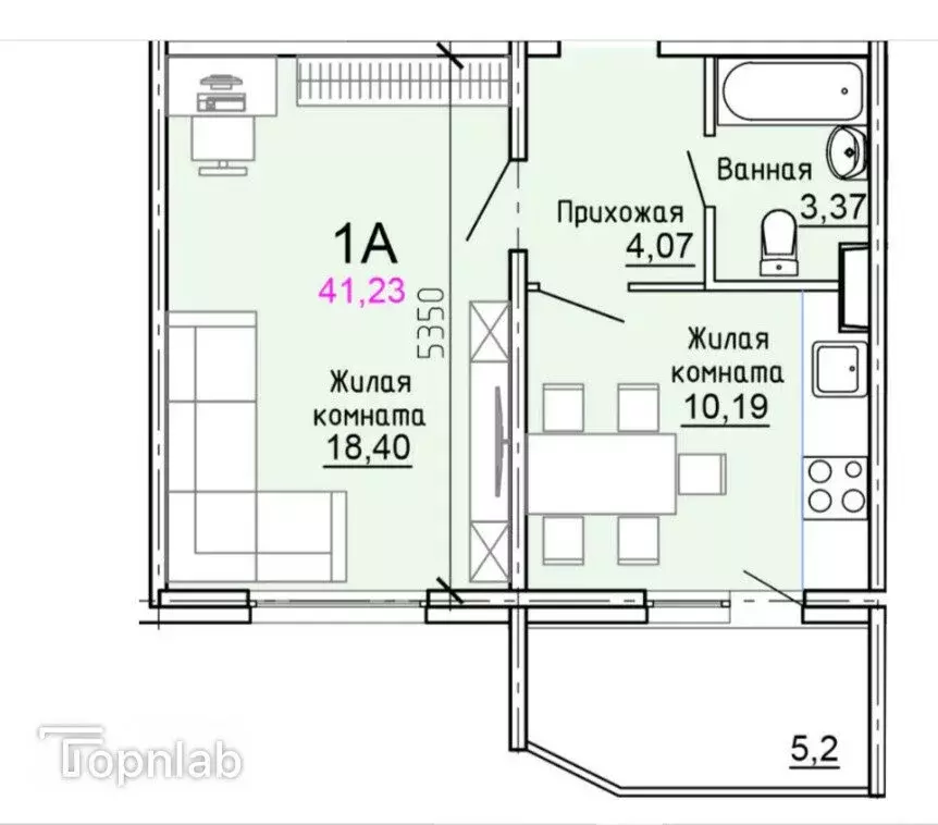 1-комнатная квартира: Голубое, 3 (41.2 м) - Фото 1