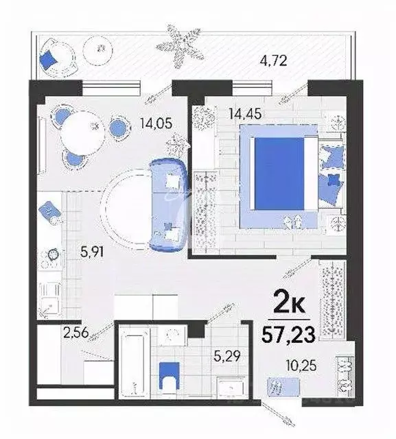 Квартира, 1 комната, 57.2 м - Фото 1
