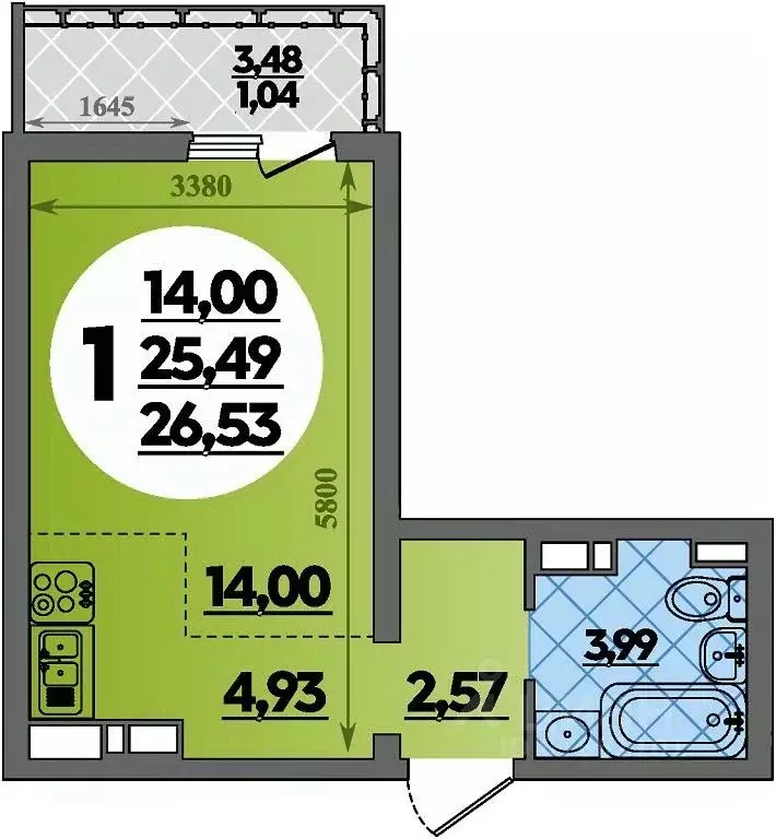 Студия Адыгея, Майкоп  (26.53 м) - Фото 1