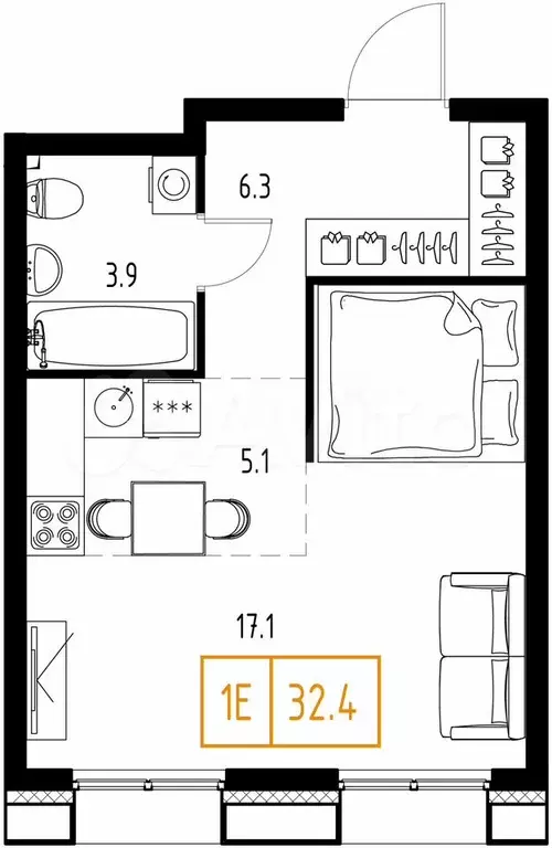 1-к. квартира, 32,4 м, 8/9 эт. - Фото 0