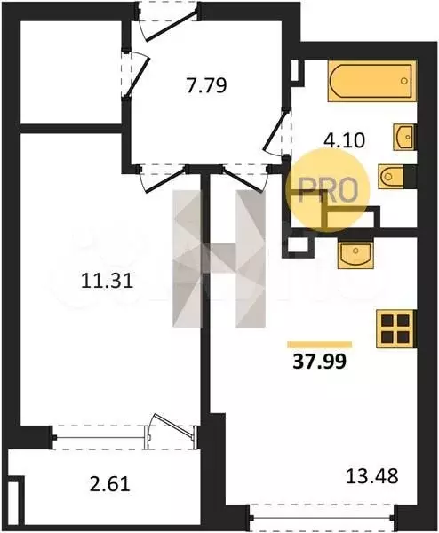 1-к. квартира, 38м, 1/9эт. - Фото 1