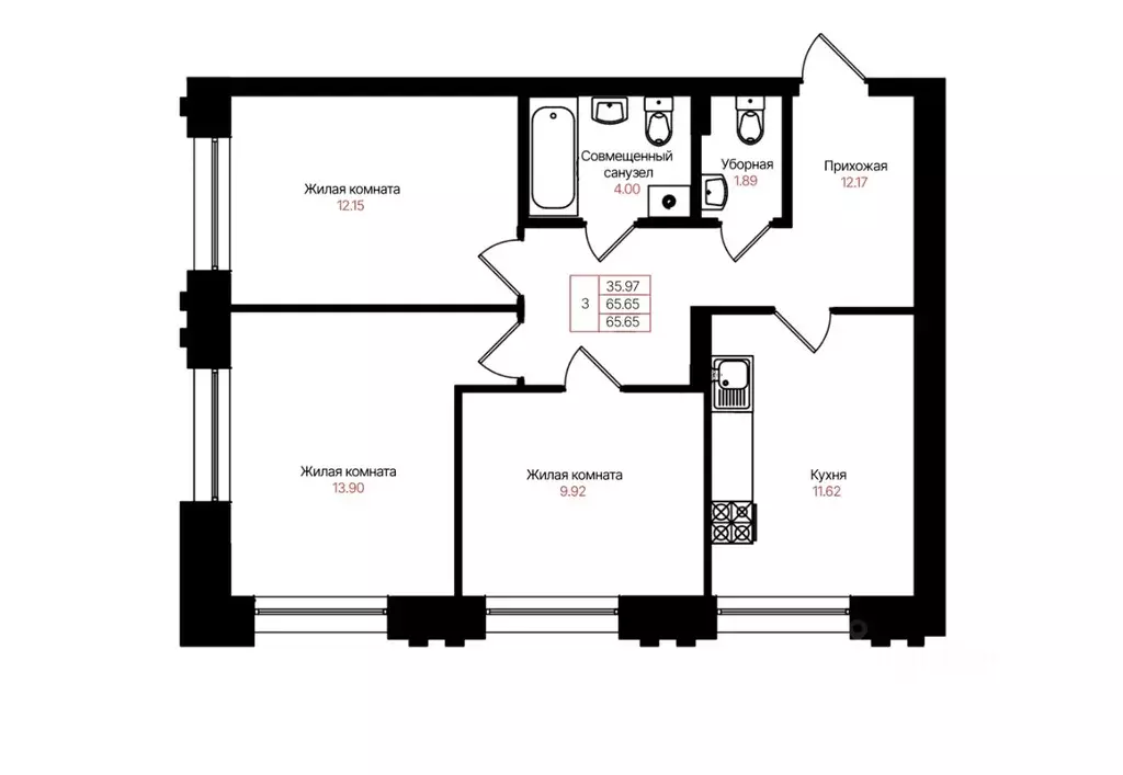 3-к кв. Татарстан, Казань Лето жилой комплекс (65.65 м) - Фото 2