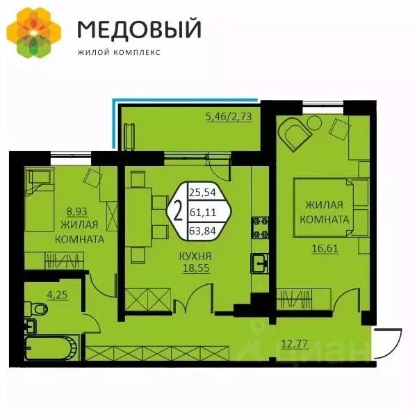 2-к кв. Пермский край, д. Кондратово ул. Г.Н. Нифантова, 12 (63.84 м) - Фото 0