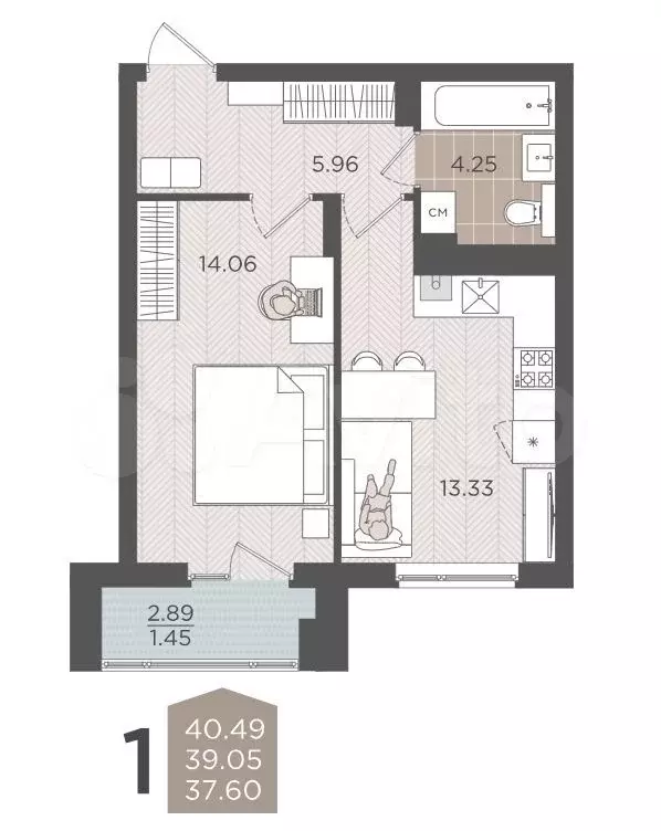 1-к. квартира, 39 м, 2/9 эт. - Фото 1