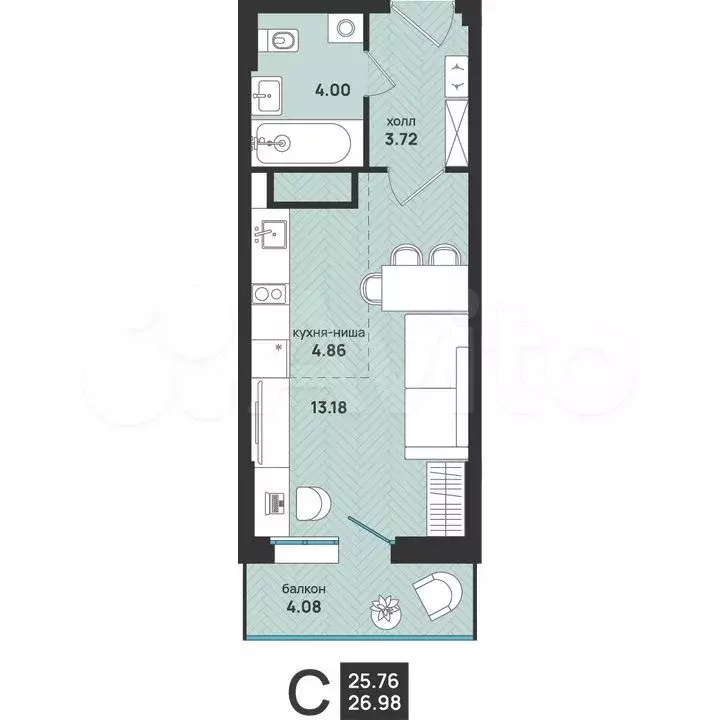 Квартира-студия, 27 м, 8/13 эт. - Фото 1